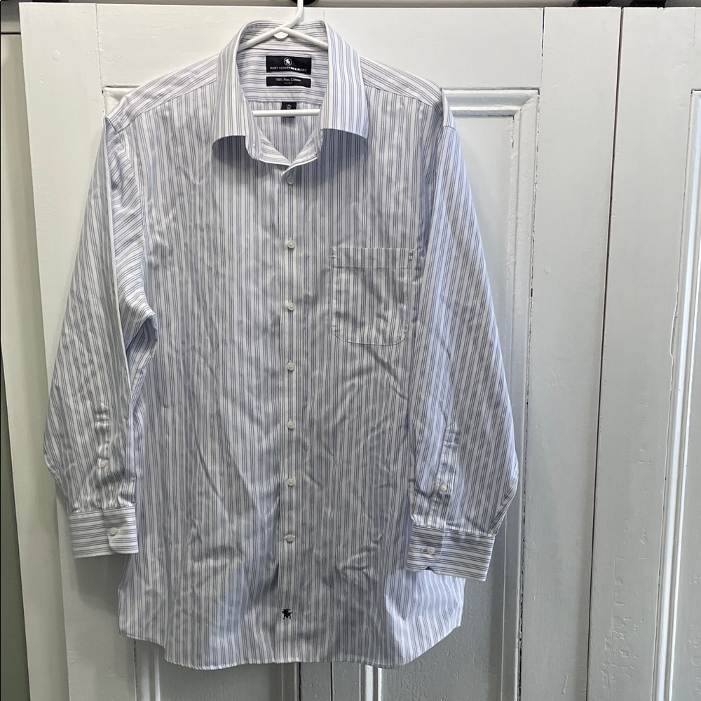 Hart Schaffner Marx White and Blue Striped Men’s Dress Shirt XL 17.5 34